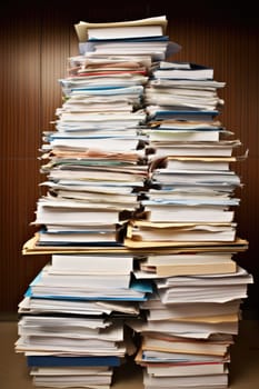 bundles bales of paper documents. stacks packs pile on the desk in the office. ai generated