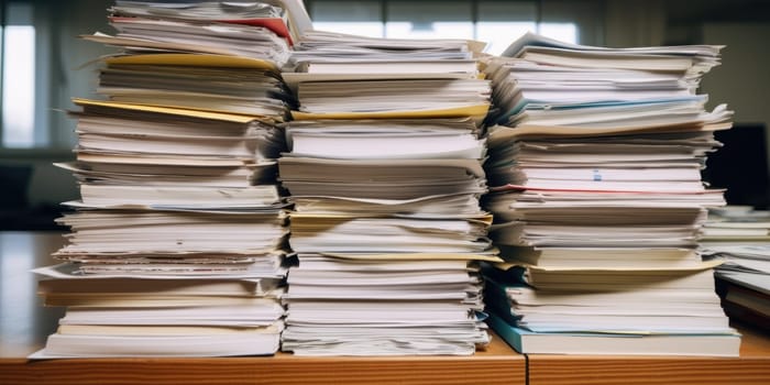 bundles bales of paper documents. stacks packs pile on the desk in the office. ai generated