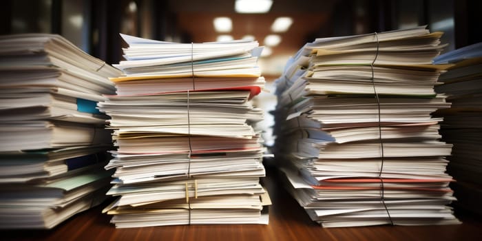 bundles bales of paper documents. stacks packs pile on the desk in the office. ai generated