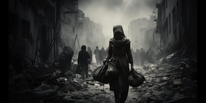 Civilian refugee affected from aggression of war and battle escape city from war zone which has no little comeliness