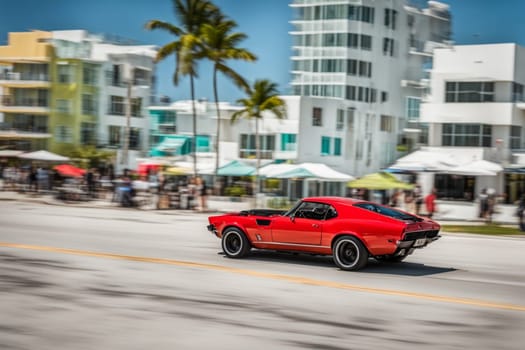 vintage muscle car go fast in MIami beach in the city , hoon, snows, fishtail, sunbeam, at sunset generative ai art