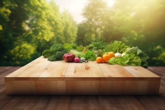 Assorted fresh organic vegetables are laid out on a wooden table in the garden.