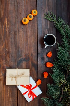 Christmas background with gifts and Christmas tree tea cup fruit 1