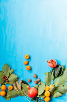 autumn fruits, nuts, pomegranate on blue background 1