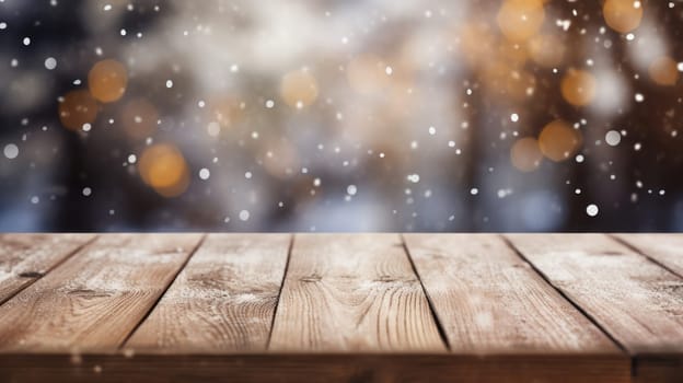 Empty table in beautiful winter landscape, wood plank board in snow mountain outdoor comeliness