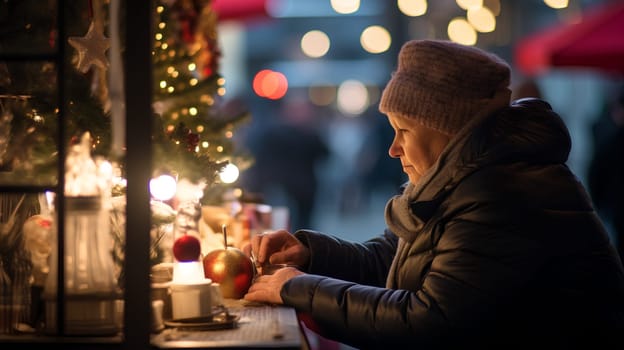 Amidst the wintry streets, a woman adorned in warm clothing sits by a flickering candle - Christmas related concept - generative AI