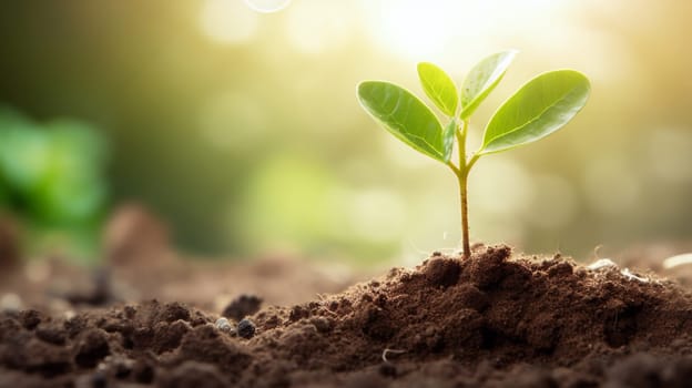 A tiny seedling breaks through the earth's surface, emerging into the light - AI Generative