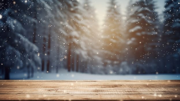 Empty table in beautiful winter landscape, wood plank board in snow mountain outdoor comeliness