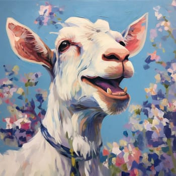 Portrait of a goat in meadow flowers. High quality illustration