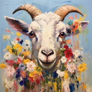 Portrait of a goat in meadow flowers. High quality illustration