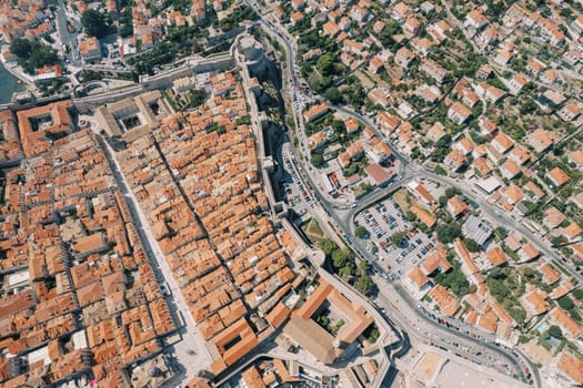 High fortress wall separating the old and new parts of Dubrovnik. Croatia. Drone. High quality photo