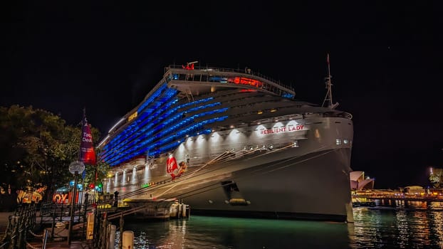 SYDNEY, AUSTRALIA - DECEMBER 04: Virgin Voyages' Resilient Lady is berthed at the Overseas Passenger Terminal in Circular Quay on December 4th 2023