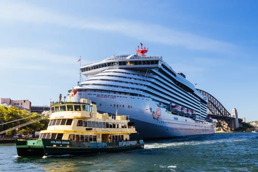 SYDNEY, AUSTRALIA - DECEMBER 05: Virgin Voyages' Resilient Lady is berthed at the Overseas Passenger Terminal in Circular Quay on December 5th 2023