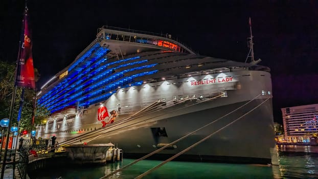 SYDNEY, AUSTRALIA - DECEMBER 04: Virgin Voyages' Resilient Lady is berthed at the Overseas Passenger Terminal in Circular Quay on December 4th 2023