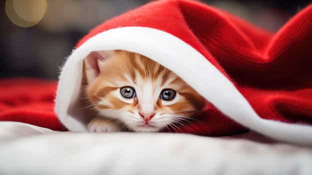 Beautiful small kitten with red Santa hat. Christmas holiday greeting card.