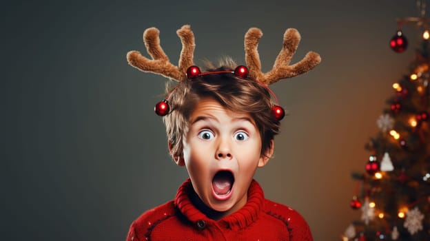 Surprised little boy wearing reindeer antlers holding gift box. Christmas holidays. Boxing Day shopping. Holiday shopping.