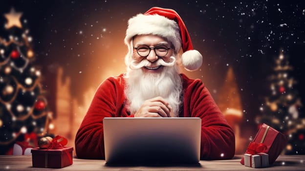 Happy old Santa Claus using laptop computer at home late on Christmas eve. Ecommerce website Boxing Day time holiday online shopping e commerce sale