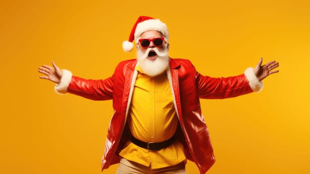 Portrait of funny crazy hipster Santa Claus in red hat fun Christmas x-mas party celebrate New year time dance on yellow background
