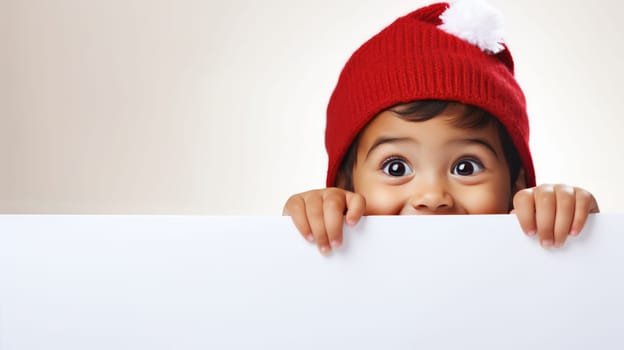 Surprised child in Santa hat hiding behind white advertisement board, Copy space for text or design, kid peeking out blank banner