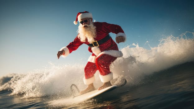 Santa Claus on surf board in ocean. Santa Claus on vacation. Surfing Santa. Santa goes Surfing