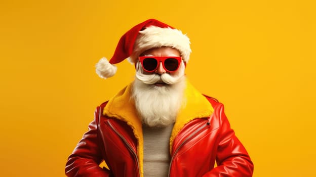 Portrait of funny crazy hipster Santa Claus in red hat fun Christmas x-mas party celebrate New year time dance on yellow background