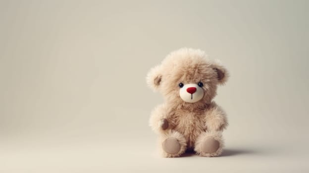 Cute fluffy vintage toy with a red bow on white background. Christmas gift for kids.