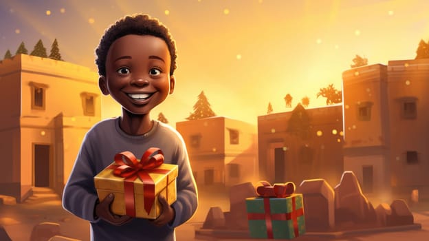African kid with big giftbox is looking to the camera dusty street on background. Christmas support. Give and share kindness