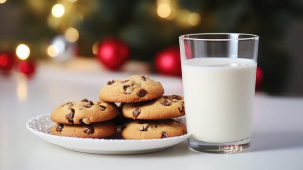 Homemade Christmas gingerbread cookies decorated with sweet sugar icing served on plate With glass of milk on white wooden background.