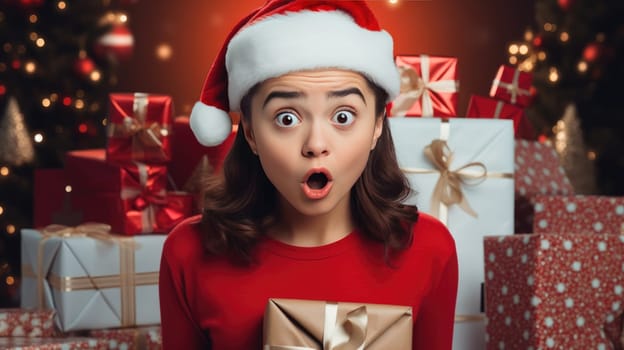 Surprised little girl in Santa Claus hat holding gift box. Christmas holidays. Boxing Day shopping. Holiday shopping.