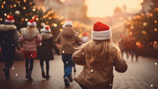 Happy kids in red Santa hat have fun and laughing. Christmas games and fun