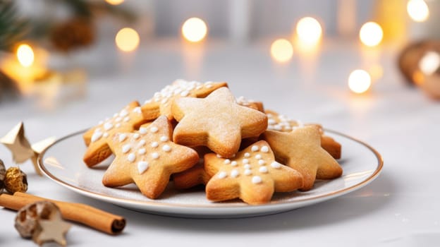 Homemade Christmas gingerbread cookies decorated with sweet sugar icing served on plate on white wooden background.