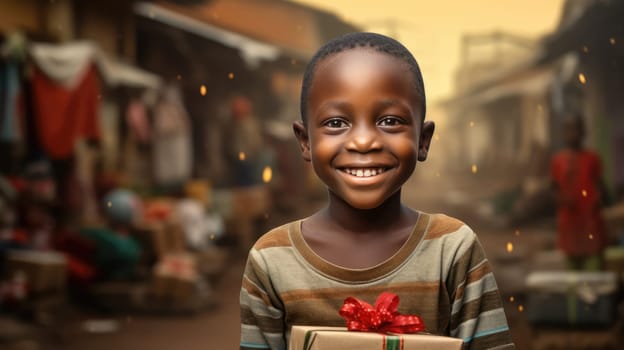 African kid with big giftbox is looking to the camera dusty street on background. Christmas support. Give and share kindness