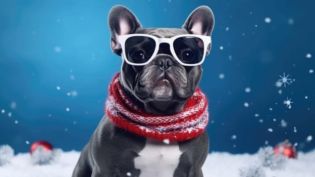 Cute puppy mops celebrating Christmas holidays wearing red Santa hat