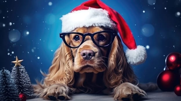 Cute puppy cocker spaniel celebrating Christmas holidays wearing red Santa hat