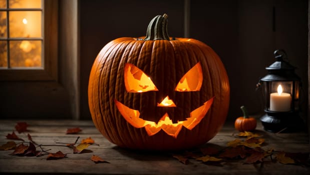 A pumpkin carved in the shape of a lantern on Halloween Day, with a terrifying and sinister face