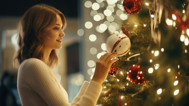 Shot of robot girl decorating room for Christmas. Holidays and celebration concept. New technology