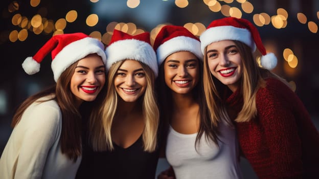 Happy teenagers wearing Santa Claus hat celebrating Christmas night together. Group of young people having new year party outside. Winter holidays concept.