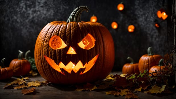 A pumpkin carved in the shape of a lantern on Halloween Day, with a terrifying and sinister face