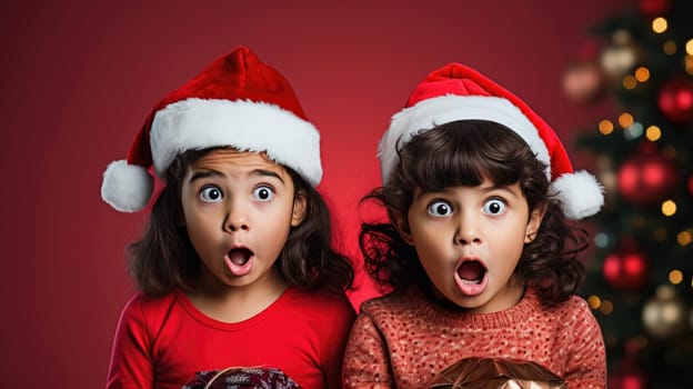 Surprised little girl in Santa Claus hat holding gift box. Christmas holidays. Boxing Day shopping. Holiday shopping.