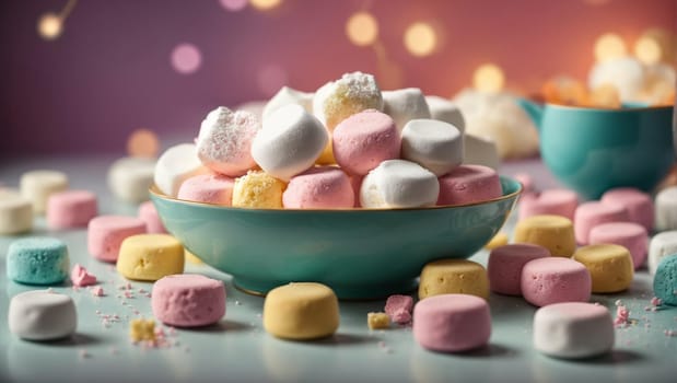 Colorful marshmallows delightfully beautiful round marshmallows lying on a plate. sweets for tea