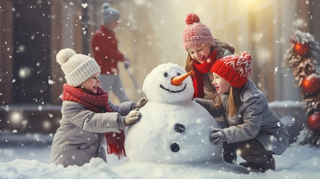 Kids building snow man playing outdoors on sunny snowy winter day. Outdoor family fun on Christmas vacation