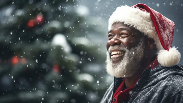 Happy African American Santa Claus on dark background. Christmas holidays