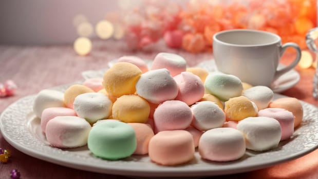 Colorful marshmallows delightfully beautiful round marshmallows lying on a plate. sweets for tea