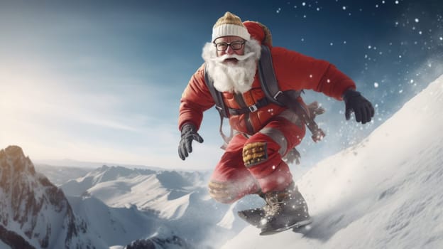 Santa Claus on snowboard in mountains. Santa Claus on vacation. Surfing Santa. Santa goes snowboarding