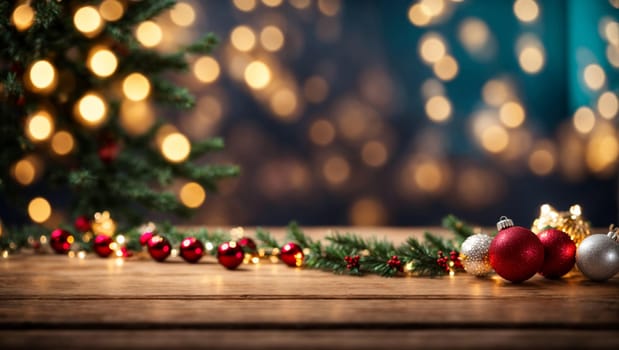 Christmas background, an empty wooden tabletop on the background of a defocused Christmas garland in the bokeh style. A template for displaying Christmas goods.