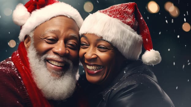 Senior African American couple smiling and wearing Santa hats, looking at camera. Family time Christmas celebration