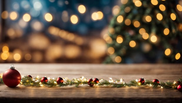 Christmas background, an empty wooden tabletop on the background of a defocused Christmas garland in the bokeh style. A template for displaying Christmas goods.