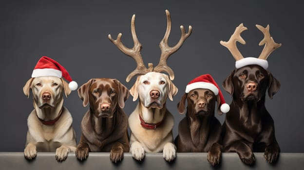 Five dogs celebrating Christmas holidays wearing red Santa Claus hat, reindeer antlers and red present ribbon