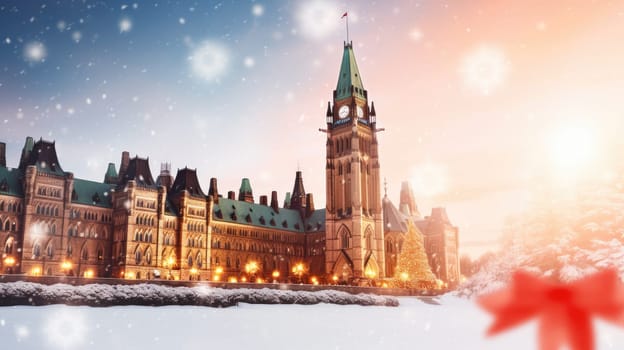 Snow falling at Parliament Hill on Christmas day. Winter holidays and relationship concept.