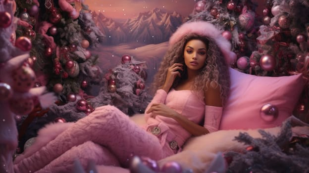 African American girl teenager celebrating Christmas in room decorated in pink. Cozy Christmas holidays.
